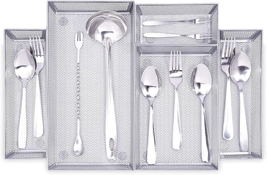 WuGeShop Mesh Silverware Tray Drawer Organizer, Kitchen Utensils Flatware Tray with Anti-slip Mats, Silverware Storage Cutlery Tray for Knives Fork Spoon (5 Separate Compartments, Silver)