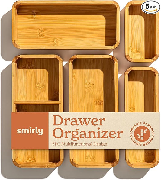 SMIRLY 5-Piece Bamboo Kitchen Drawer Organizer Set for Large and Small Utensils, Multi-use Storage Box - Bathroom, Nightstand, Jewelry, Cutlery, Knife, Spice, Towel, Junk Drawer Tray