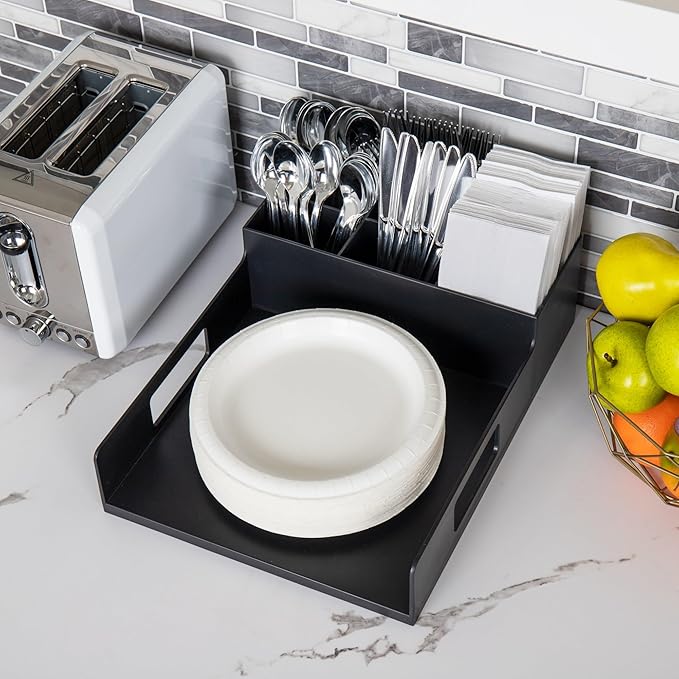 Mind Reader Utensil Napkin & Plate Holder, Silverware Organizer, Serving Tray, Plastic, 11.25" L x 15.25" W x 4.5" H, Black