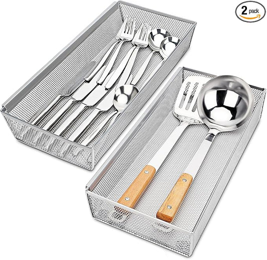Flatware Organizer with Interlocking Arm (Grey) - 2 Pack 14.7" X 6.1" X 2" Utensil Drawer Organizer