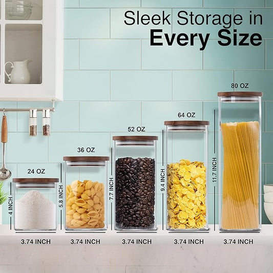 Square Glass Jars with Wood Lids Set of (4) 36 fl oz Airtight and Stackable Storage Containers for Kitchen Pantry or Bathroom BPA Free and Recyclable Canister for Food Cookies Coffee Pasta Sugar