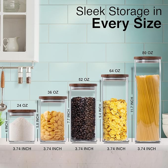 Square Glass Jars with Wood Lids Set of (2) 52 fl oz Airtight and Stackable ECO Storage Containers for Kitchen Pantry Wooden Lid BPA Free and Recyclable Canister for Food Cookies Coffee Beans