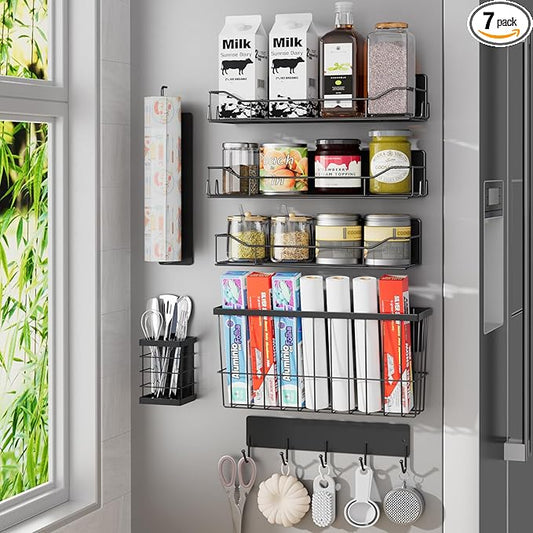 Magnetic Spice Rack for Refrigerator, 7 Pack Magnetic Fridge Shelf for Kitchen Organization Storage, Moveable Spice Organizer W/Paper Towel Holder, Utensil Caddy, Cutting Board Rack (Black)