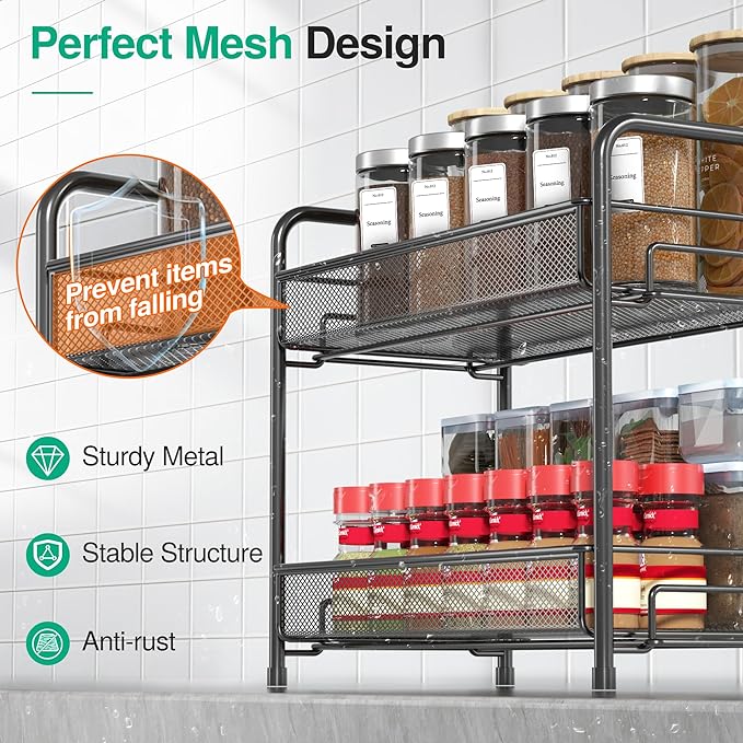 Spice Rack Organizer for Countertop 2 Pack, 2-Tier Counter Foldable Metal Standing Large Seasoning Storage Shelf for Kitchen Cabinet Bathroom Living Room Pantry Office, Black