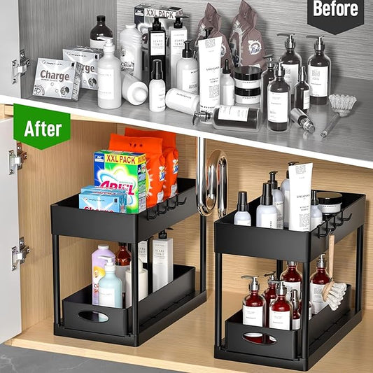 2 Pack Under Sink Organizers and Storage Bathroom, 2 Tier Under Sliding Kicthen Cabinet Basket Organizer with Hooks, Hanging Cup, Dividers, Handles, Multi-purpose Under Sink Shelf Organizer