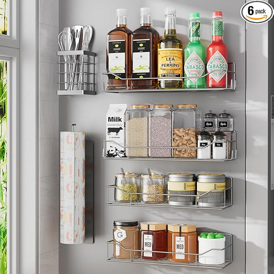 Magnetic Spice Rack for Refrigerator, 6 Pack Strong Magnet Spice Organizer with Paper Towel Holder, Utensil Holder, Moveable Magnetic Fridge Shelf for Kitchen Organization and Storage (Grey)