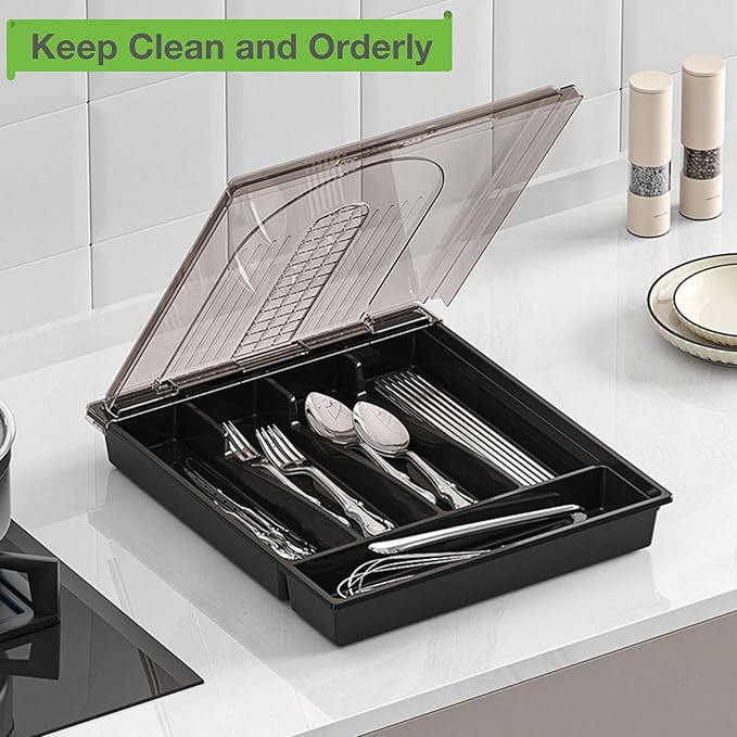 Silverware Container with Removable Lid, Countertop silverware holders Plastic Silverware Tray for Drawer, 5 Compartments Flatware Organizer (Black)