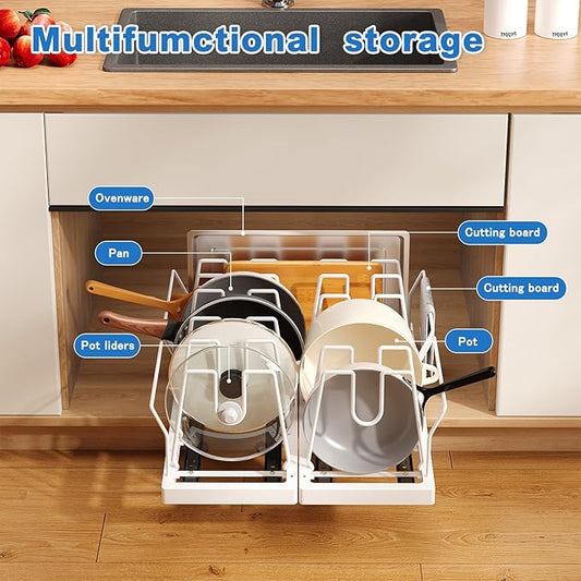 2 Pack Pots and Pans Organizer Under Cabinet, 21.6" Deep Pull Out Pot Lid Organizer Holder with Guardrail Adhesive Pot and Pan Holder Rack with 10 Adjustable Dividers(White)