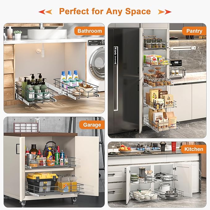 ALINE FURNITURE 2-Tier Pull Out Cabinet Organizer - 23" W x 22" D Soft Close Pullout Shelves for Kitchen Cabinets - Slide Out Drawers, Heavy Duty Steel Wire
