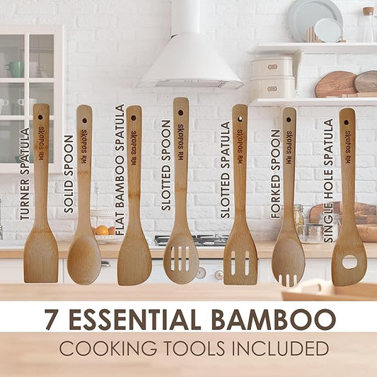 Bamboo Silverware Drawer Organizer with 7-Piece Bamboo Spoons for Cooking Set Non Toxic | Adjustable Drawer Tray & Eco-Friendly| bamboo Kitchen Organizer and Cooking Utensils