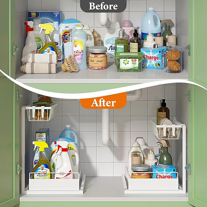 REALINN Under Sink Organizer, Height Adjustable Pull Out Cabinet Organizer, 2 Tier Under Sink Organizers and Storage for Kitchen Bathroom Laundry, White, 2 Pack
