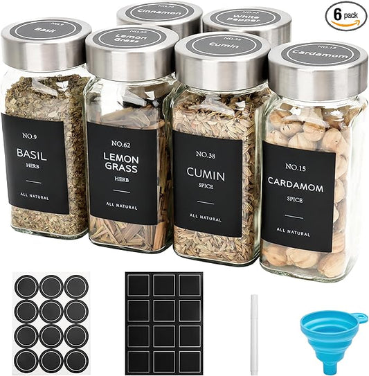 6 Pcs Glass Spice Jars with Lids, 4oz spice jars with label, seasoning containers Set, Comes with spice bottle caps, Silicone Collapsible Funnel,chalk, for Spice Rack, Cabinet, Drawer