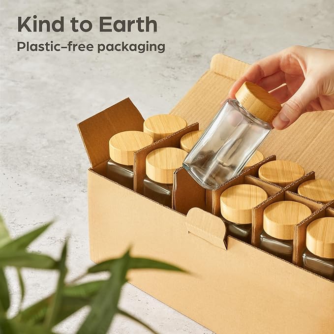 12Pcs Glass Spice Jars with Label - Square Spice Containers 4 oz - Includes Cleaning Brush & Wooden Spoon - Seasoning Jars
