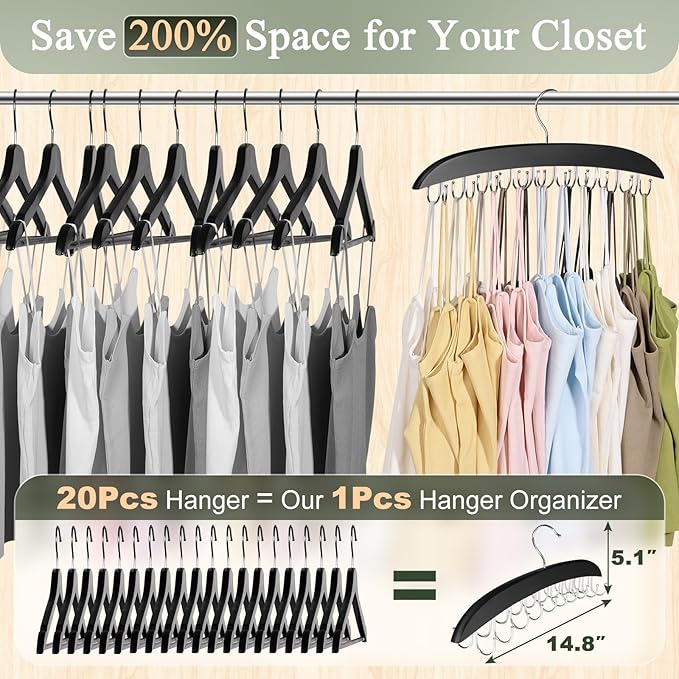 2 Pack Bra Hangers for Closet Organizer, Wooden Tank Top Hanger, Bra Organizer with 40 Stainless Steel Hooks, Closet Organizers and Storage for Bras Camis Belts Ties, Black