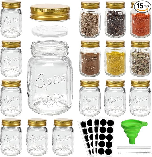 CycleMore 15 Pcs Glass Mason Spice Jars 4oz Empty Spice Bottles with Blank Labels and Shaker Lids, Gold Airtight Metal Caps, Chalk Marker and Collapsible Funnel Included
