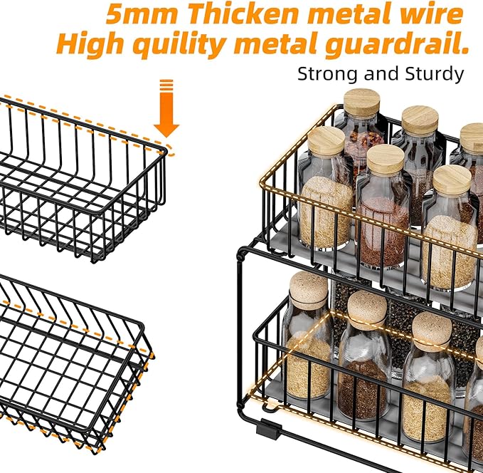 Under Sink Storage Spice Rack Organizer for Cabinet, Heavy Duty Metal Kichen Organizer with Slide Drawer, Black