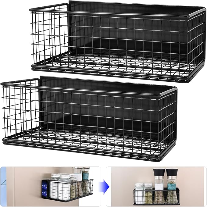 2 Pack Magnetic Basket for Fridge Magnetic Fridge Shelf Versatile Metal Organizer Storage Bin Moveable Strong Magnetic Spice Rack Organizer for Home Kitchen Office Refrigerator Holds