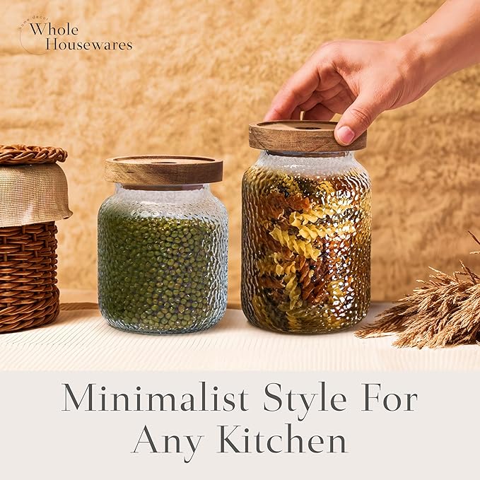 Whole Housewares Glass Jars with Lids - Set of 2 - Mason Jars - Borosilicate Glass Jar with Wooden Lid - Container for Sugar, Coffee, Tea - Decorative Canisters - Candy Jars with Lids (99oz & 77oz)