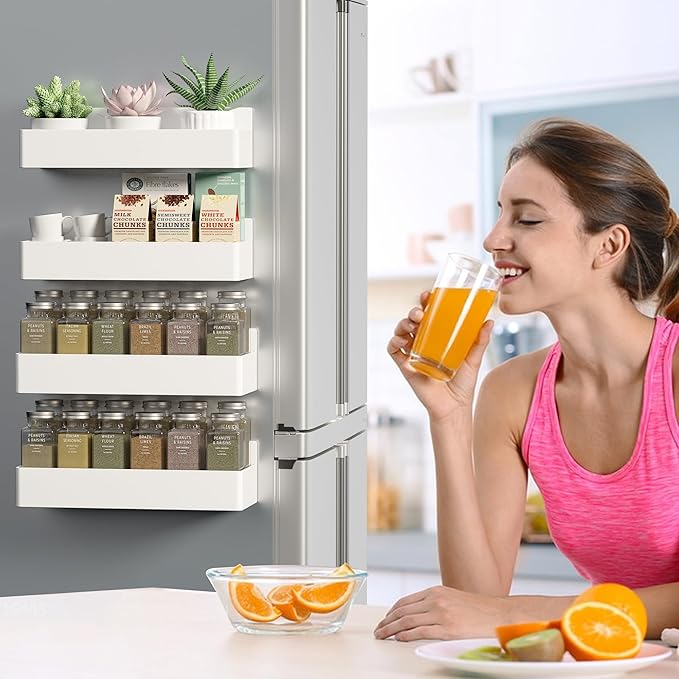 Magnetic Spice Rack for Refrigerator, Kitchen Organizer and Storage Shelf, White (6 Pack)…