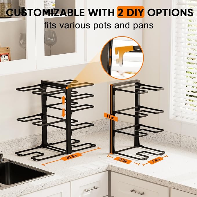 Pots and Pans Organizer Under Cabinet, Heavy Duty 8 Tier Pan Organizer–Carbon Steel Pan Rack, No Assembly Required, Perfect for Cast Iron Skillets, Dutch Ovens, Frying Pans, Pots, and Trays