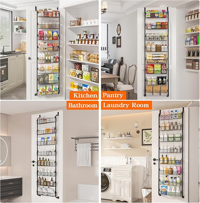 Over the Door Pantry Organizers and Storage, 8-Tier Spice Rack, Home & Kitchen Storage Shelves for Cabinet, Large Capacity Hanging Seasoning Organizer, Laundry Room Organization, Black