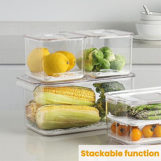 vacane Fresh Produce Saver for Refrigerator, 3 Pcs Food Fruit Lettuce Keeper Containers, Salad Vegetable Storage Organizers Stackable, BPA-free Stay Fridge Storage Containers