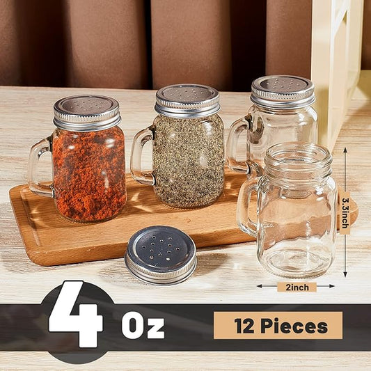 12 Pieces Salt and Pepper Shaker Clear Glass Mason Jar Mini Salt Shaker with Metal Lid Pepper Shakers Set with Handles for Kitchen Table, Drinkware, Rustic Home Decor and Gifts, 4 Oz