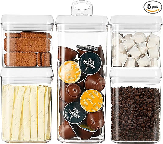 Felli Flip Tite Food Storage Container 5" LARGE 5pk Set + No Residue Label, Airtight Lid Easy Lock Top Stackable, Plastic Canister Jar for Pantry Kitchen Fridge Organizer Pasta Protein Powder Spice
