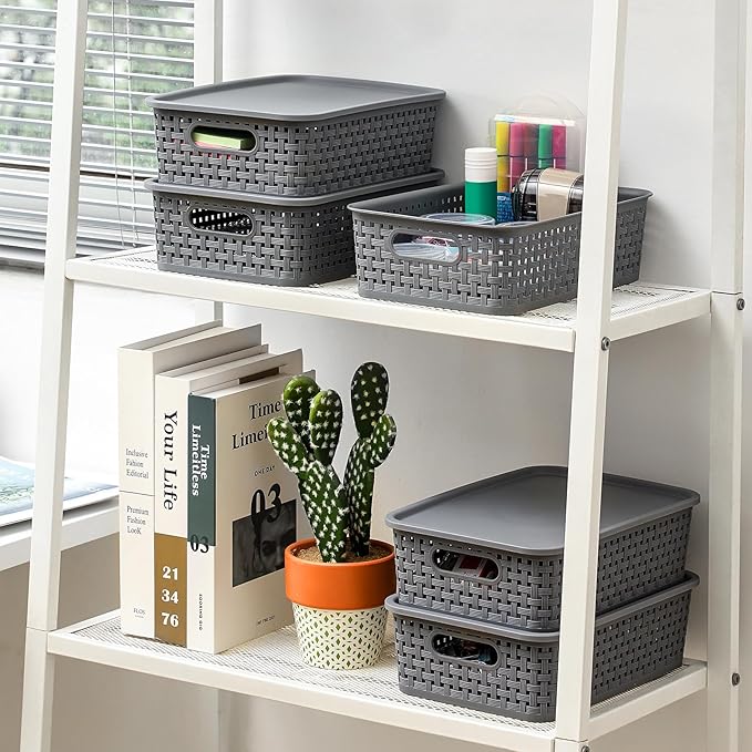 NETANY [ 8 Pack ] Plastic Storage Baskets With Lids, Small Pantry Organization, Stackable Storage Bins, Household Organizers for Cabinets, Countertop, Drawers, Under Sink or On Shelves,Gray