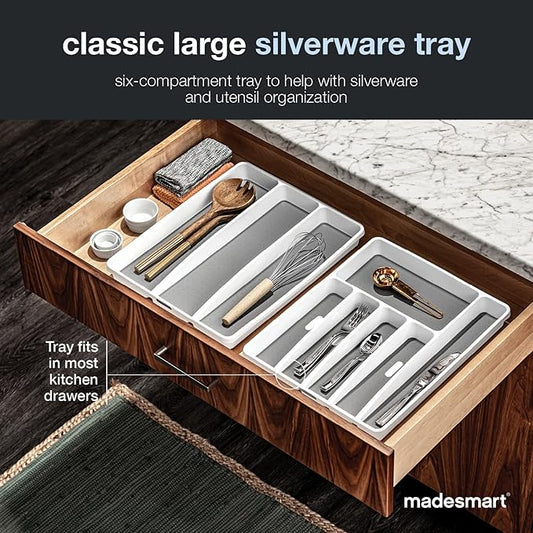 madesmart Classic Large Silverware Tray - White |CLASSIC COLLECTION | 6-Compartments| Kitchen Drawer Organizer | Soft-Grip Lining and Non-Slip Rubber Feet | BPA-Free