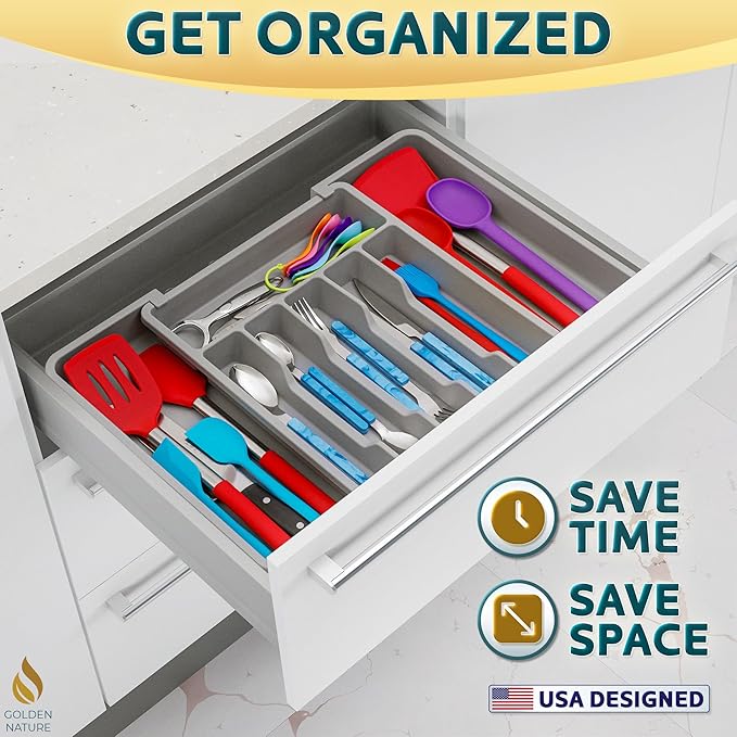 Kitchen Drawer Organizer for Silverware, Utensils, Cutlery (15x13.1 inch Expands to 15x22.2 inch, Gray), Expandable Flatware Holder for Drawers