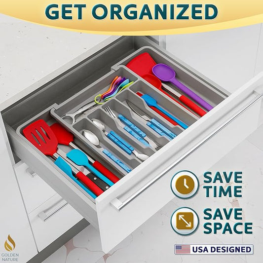 Kitchen Drawer Organizer for Silverware, Utensils, Cutlery (15x13.1 inch Expands to 15x22.2 inch, Gray), Expandable Flatware Holder for Drawers