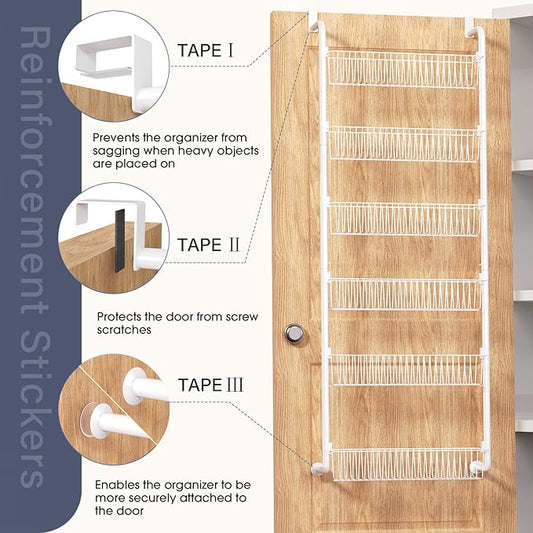 Goovilla Over The Door Pantry Organizer, 6-Tier Pantry Organization and Storage, Metal Hanging Spice Rack for Pantry Door, Kitchen, Laundry, Bathroom Organization, Back of Door Seasoning Rack, White