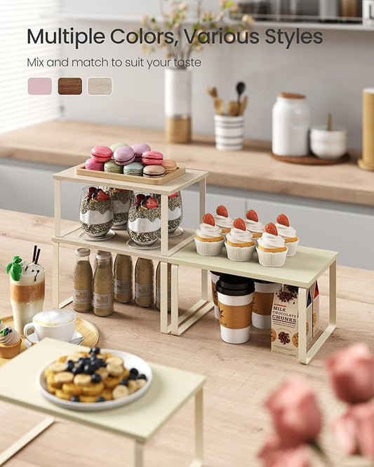 SONGMICS Cabinet Organizer Shelf, Set of 2 Kitchen Counter Shelves, Kitchen Storage, Spice Rack, Stackable, Expandable, Metal and Engineered Wood, Travertine Beige and Cream White UKCS020L01