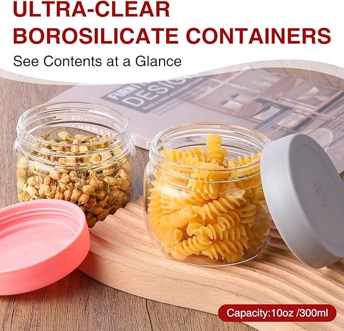 10oz Borosilicate Glass Jars with Lids - Freezer to Oven Safe(-4°F to 446°F), Airtight Meal Prep Containers for Overnight Oats, Snacks, Coffee, Microwave & Dishwasher Safe (6pack)