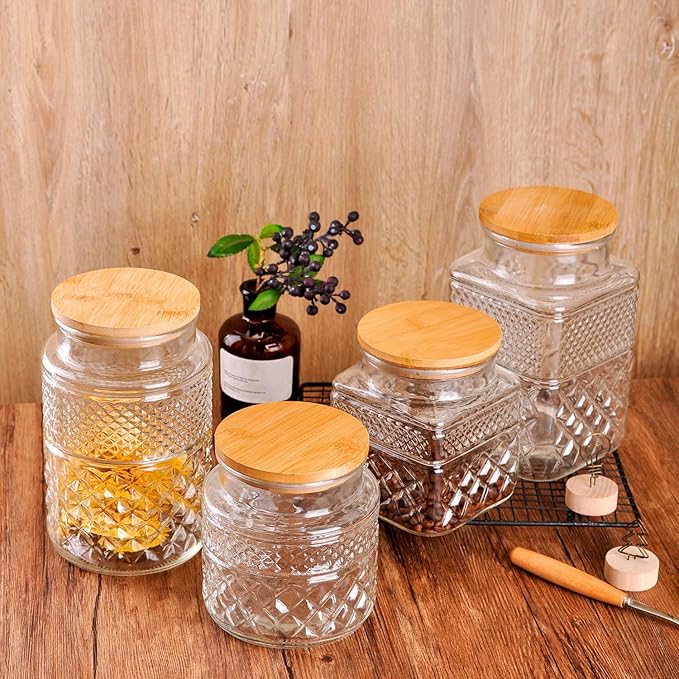 WHJY Glass Storage Container with Lid, Airtight Glass Jars, Farmhouse Tea Canister, Dog Treat Jar for Pet, Glass Candy Cookies Coffee Canister Jar Bath Salt Container - Square 67 oz