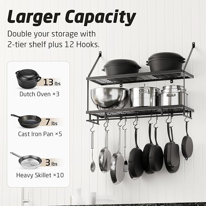KES 30-Inch Kitchen Pot Rack - Mounted Hanging Rack for Kitchen Storage and Organization- Matte Black 2-Tier Wall Shelf for Pots and Pans Organizer with 12 Hooks - KUR215S75B-BK
