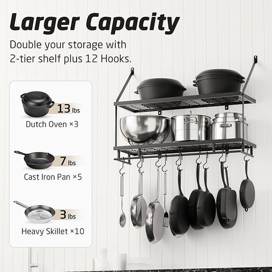 KES 30-Inch Kitchen Pot Rack - Mounted Hanging Rack for Kitchen Storage and Organization- Matte Black 2-Tier Wall Shelf for Pots and Pans Organizer with 12 Hooks - KUR215S75B-BK