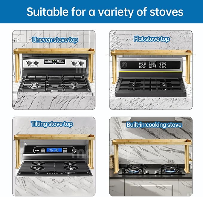 34 Inch Over The Stove Spice Rack Bamboo Over The Stove Shelf for Kitchen, Spice Organizer for Top of Stove, Easy Installation 34.6 * 5.1 * 13.6 Inch