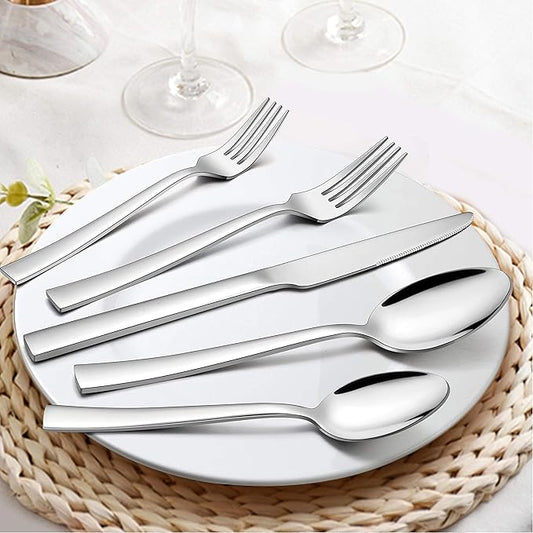 LIANYU 40-Piece Silverware Set with Drawer Organizer Set for 8, Stainless Steel Square Flatware Cutlery Set for 8, Kitchen Party Restaurant Eating Utensils Tableware, Mirror Polished, Dishwasher Safe