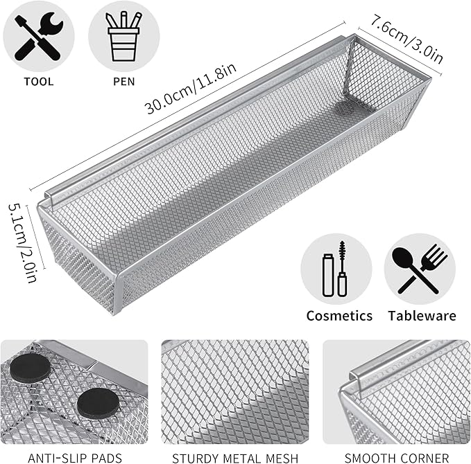 Faridabio Drawer Organizer for Kitchen, Silverware Organizer Cutlery Tray Utensil holder with Interlocking Mesh Metal Flatware Storage Silver (6 pcs)