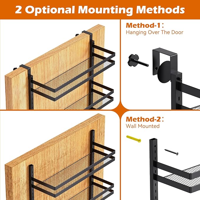 8-Tier-Wall-Mount-Spice-Rack-Organizer W/ Adjustable Basket&Fence, Large Over The Door Spice Seasoning Shelf For Pantry Kitchen, Hanging Spice Organization For Cabinet Door, Bathroom Door Storage