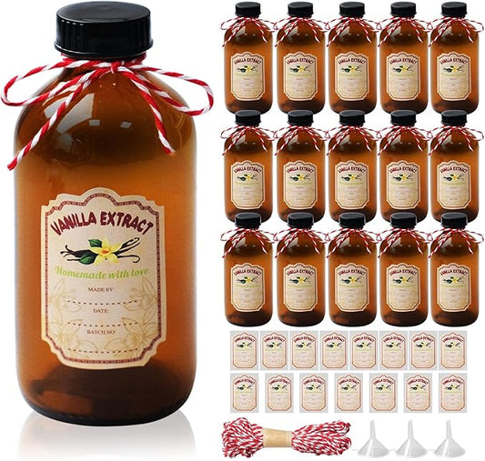15 Pack 8 Oz Amber Glass Bottle with Caps Brown Vanilla Extract Bottles Boston Round Bottles 15 Pcs Vanilla Extract Stickers Glass Food Storage Canister for Syrup Sauce Beans Homemade Essential Oils
