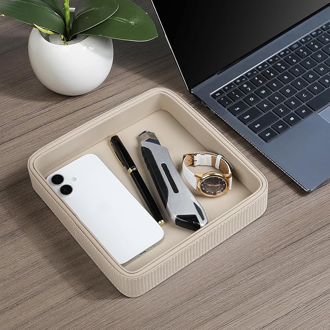 PU Leather Valet Tray Organizer, Small Nightstand Organizer Bedside Desktop Storage for Womens and Men, Perfume Trinket Catchall Vanity Tray for Key Watch Wallet (Beige, Square)