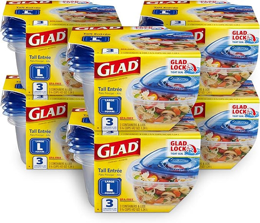 GladWare Tall Entree Food Storage Containers for Everyday Use | Large Square Food Containers Hold 42 Ounces of Food, 3 Count | Glad Containers for Food Storage