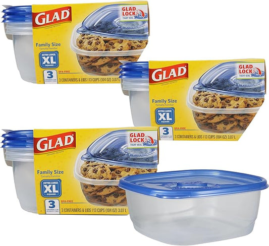 GladWare Family Size Food Storage Containers, XL | Large Square Container Set, Hold up to 104 Ounces of Food | Plastic Kitchen Container, 3 Count - 3 Pack