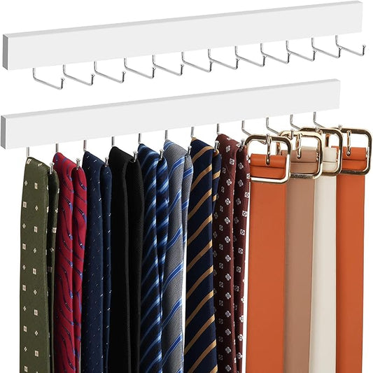 ZEDODIER 2 Pack Wodden Tie Hanger Wall Mounted, Space Saving Belt Organizer for Man with 24 180° Rotating Hooks, Space Saving Belt Storage Holder, White