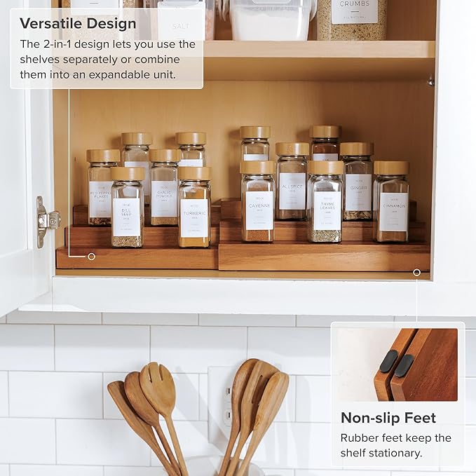 Expandable Spice Rack Organizer for Cabinet, 3-Tier Shelf for Spice Organization (11” to 22”), Fits 36 Spice Jars, Seasoning and Pantry Storage, Non-Slip Feet, 100% Acacia Wood