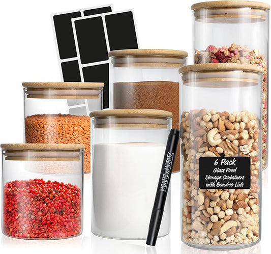 Moritz & Moritz Glass Food Storage Jars with Lids 6 Pack – Airtight Food Storage Containers for Pantry – Kitchen Organizers – Flour Sugar Containers with Labels and Chalk Pen
