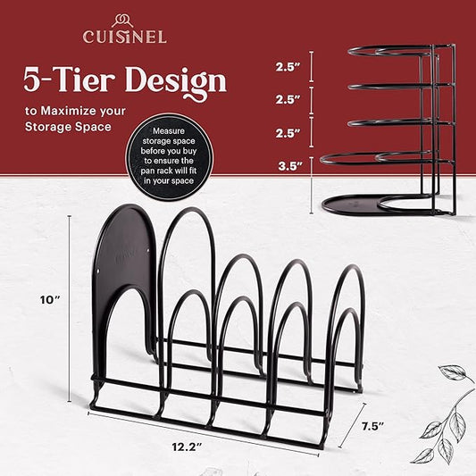 Cuisinel Pots and Pans Organizer Rack - Heavy Duty 60-LBS Capacity - 6mm Thick - Made in India - Matte-Black 12.2"-Tall 5-Tier Space-Saving Kitchen Storage for Cast Iron Cookware, Skillet, Dish, Plate